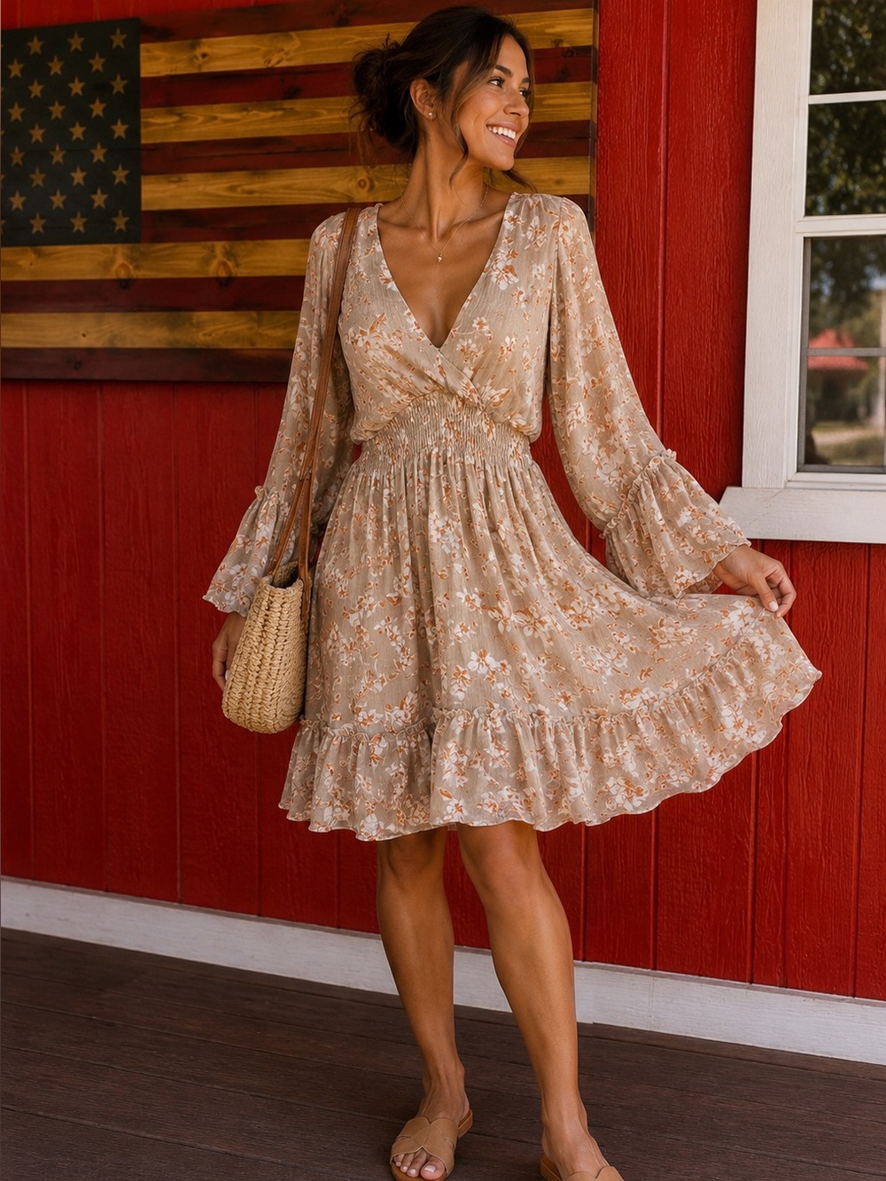 Dress Forum Beige Floral Long Sleeve Ruffle Dress